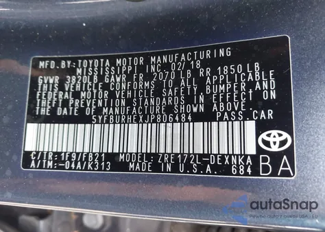 2018 Toyota Corolla Le from USA, damaged, VIN 5YFBURHEXJP806484